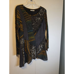 Adore Sz L Funky Blue Green Art-to-Wear Tunic Sweater Animal Print Abstract